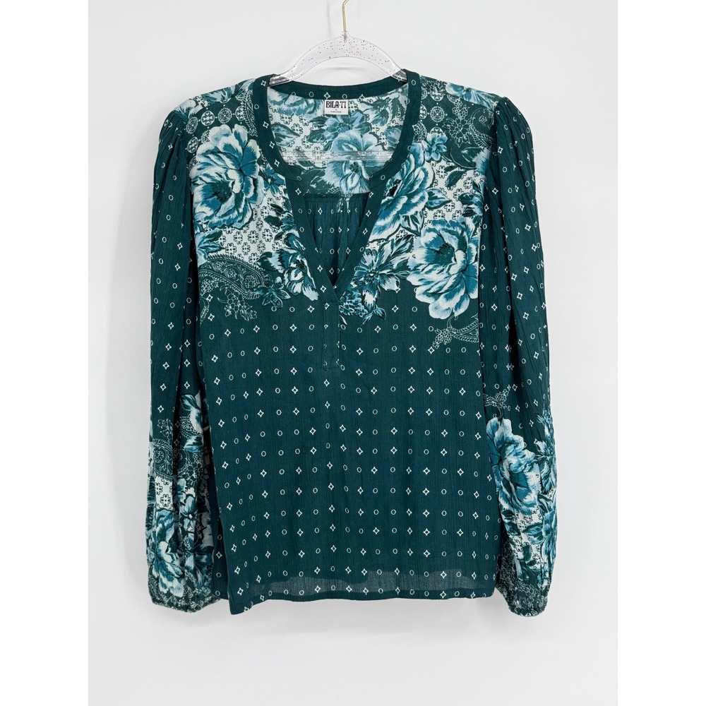 Bila‎ 77 Womens Teal Floral Paisley Mixed Print Split Neck Rayon Blouse Sz S
